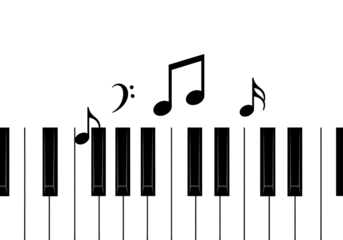 Minimalist piano keyboard with musical notes and bass clef, music concept illustration