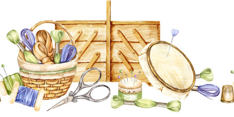 watercolor vintage wooden needlework box, basket with threads, yarn, scissors, pincushion, flosses, needle pad, needles, embroidery hoop, seamless board, hand drawn sketch of accessory, illustration