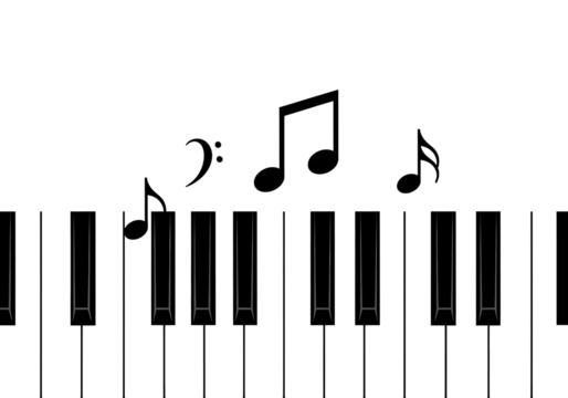 Minimalist piano keyboard with musical notes and bass clef, music concept illustration