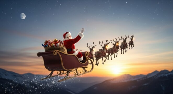 Santa Claus in sleigh with reindeer flying over mountain landscape at sunset - Powered by Adobe