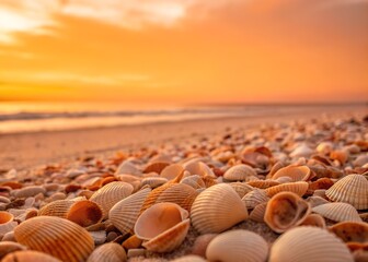 Close Up Shot of Seashells on Sandy Beach with Ocean Horizon at Sunset Orange Sky Coastal Scene