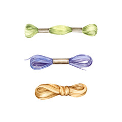 watercolor set of embroidery theme, hand drawn sketch of skeins of thread green, lilac, violet, blue colors for needlework, handiwork with flosses, yarn, illustration of embroidery tools on white