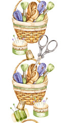 watercolor brown willow basket with threads, yarn, scissors, pincushion, flosses, needle pad, needles, embroidery hoop, illustration handiwork set, hand drawn sketch of accessory, seamless border