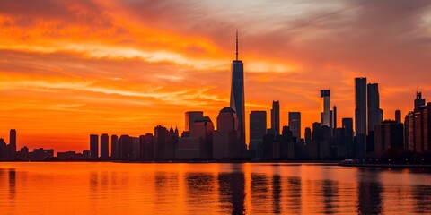 Silhouetted Modern City Skyline Reflecting Fiery Orange Sunset Colors on the Water