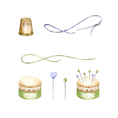 embroidery needlework accessory, watercolor illustration of handiwork tools, pins, pincushion for needles and pins are empty and full, cozy home hobby, hand drawn sketch for women shops decoration