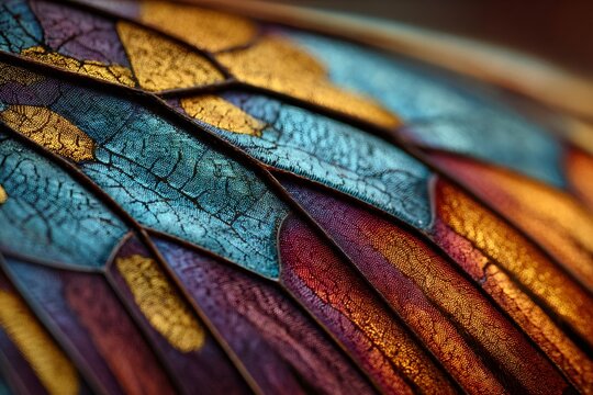 Macro close up of colorful insect wing cells with intricate veining, an abstract pattern of blue, gold, purple, and orange - Powered by Adobe