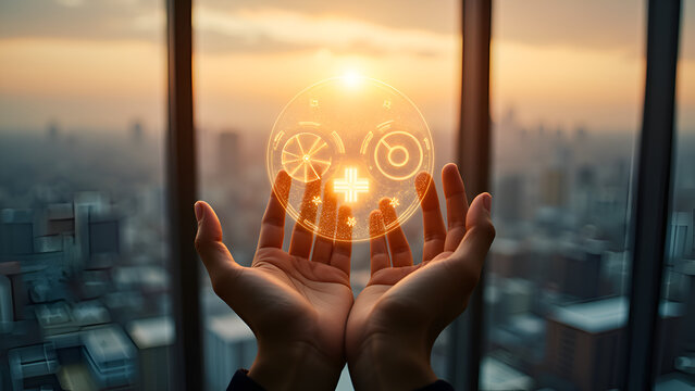 Human hands gently cup glowing digital interface with health and innovation symbols. Bright future technology emerges above modern city skyline sunset. Image conveys global well being, progress