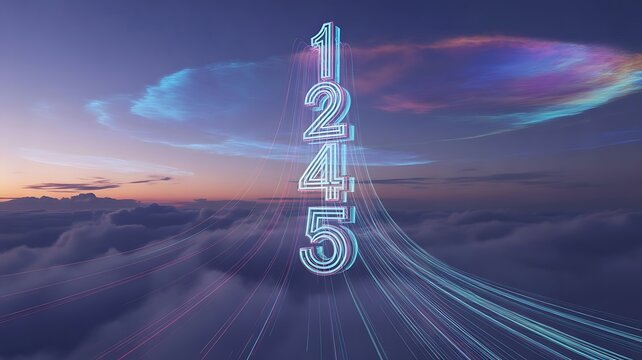 Numbers floating in the sky above clouds with light trails concept