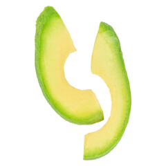 Two avocado slices isolated, fresh green tropical fruit pieces, organic healthy food concept advertising or banner