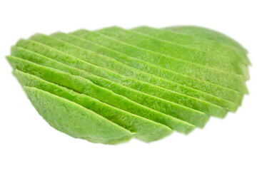 Sliced avocado isolated, fresh green tropical fruit cut into thin pieces, healthy organic food concept advertising or banner