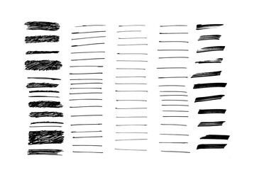 Black color crayon underline set - horizontal hand drawn chalk or marker highlighter strokes. Rough textured pencil lines with textured edges. 