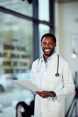 African-American Doctor in White Coat Smiling While Holding Medical Paper in Clinic Setting