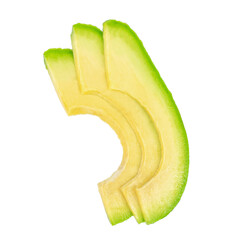 Three avocado slices isolated, fresh green tropical fruit pieces, healthy organic food concept advertising or banner