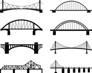 Bridge silhouette icons, suspension bridge, arch bridge, truss bridge, cable-stayed bridge, cantilever bridge, engineering design, black illustration