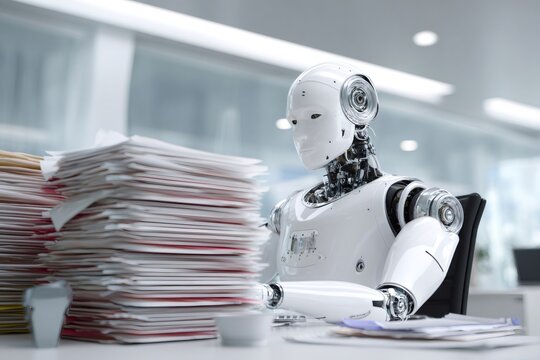 Humanoid robot working at an office desk, managing numerous stacks of paperwork, showcasing automation and ai in modern business - Powered by Adobe