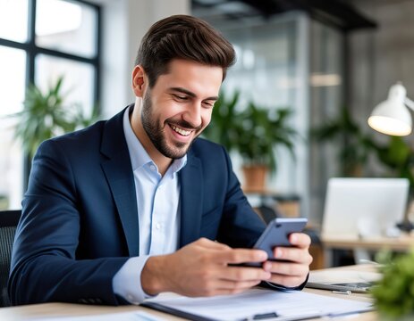 A businessman uses a smartphone app in the office while working on a laptop
