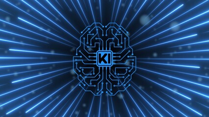 Human brain symbolic for KI Artificial Intelligence centered into abstract radiatforming neon lines - Artificial Intelligence concept - 3D Illustration