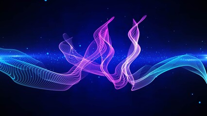 AI - Artificial Intelligence - abstract representation, wavy neural network with of purple and blue neon gradient curved grid lines - 3D Illustration