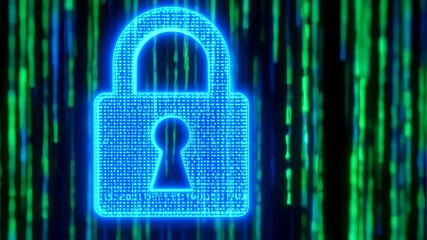 A glowing blue padlock against a matrix-like background, symbolizing digital security - Powered by Adobe