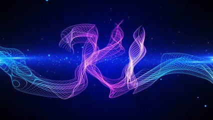 KI - Artificial Intelligence - abstract representation, wavy neural network with of purple and blue neon gradient curved grid lines - 3D Illustration