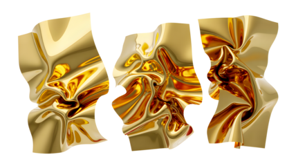 Abstract golden fabric folds with light reflections isolated on transparent background