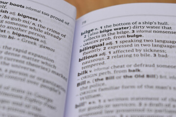 Obraz premium English Dictionary Page Close Up With the Word Of -billious