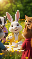 Animal characters in clothes having tea party, set outdoors amid yellow flowers, symbolizing friendship and whimsical imagination, perfect for children