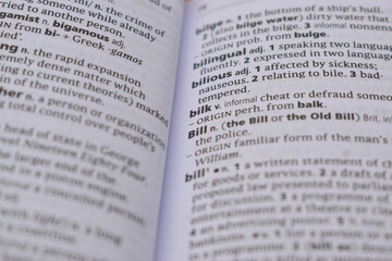 Obraz premium Close Up Of English Dictionary Page With Word - Bill