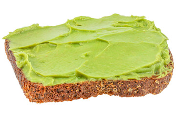 Whole grain bread toast with creamy avocado spread isolated, healthy vegan breakfast concept