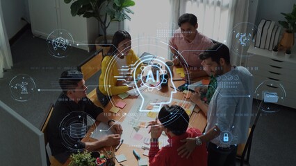 A diverse group of professionals engaged in a collaborative meeting, surrounded by digital elements showcasing artificial intelligence concepts and innovative ideas. Raster