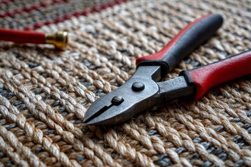 Side cutters with red handles laying on a woven mat, representing utility and precision for manual tasks and diy projects