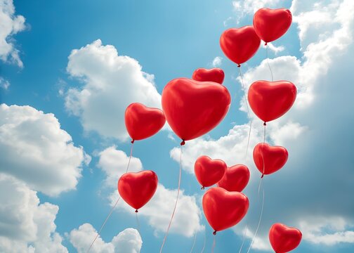 Romantic Red Heart Shaped Balloons Floating in a Sunny Blue Sky Celebration of Love and Relationships