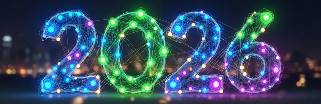 Illustration of year 2026 made of glowing network, with city lights in background. Represents progress, future, connectivity, and digital transformation