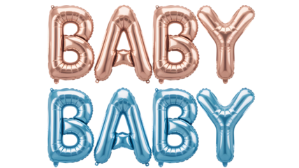 Rose gold and blue baby letter balloons isolated on transparent background