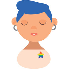 Illustration of a person with blue hair and closed eyes wearing a rainbow star pin on their shirt a symbol of pride and diversity represented with a warm skin tone and grey hoop earrings isolated on