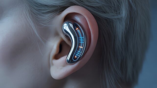 Futuristic earbud technology chrome finish with light grid design showcase