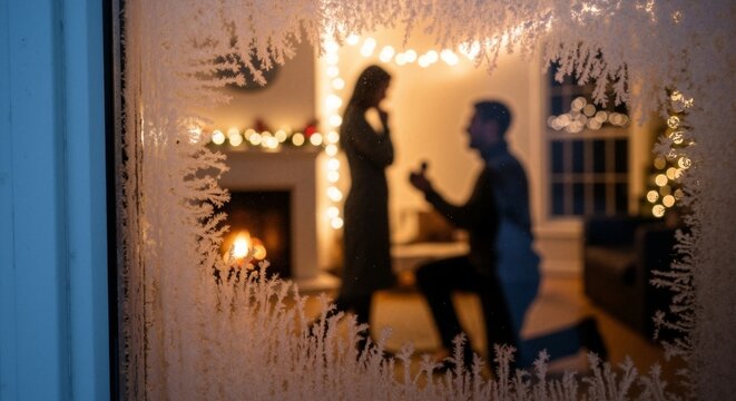 Man proposing to a woman in a cozy home during winter. Romantic Christmas engagement scene viewed through a frosty window. Silhouette of a couple's intimate moment - Powered by Adobe