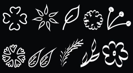 white floral doodle icons on black background, minimal botanical line art elements, abstract flower and leaf symbols
