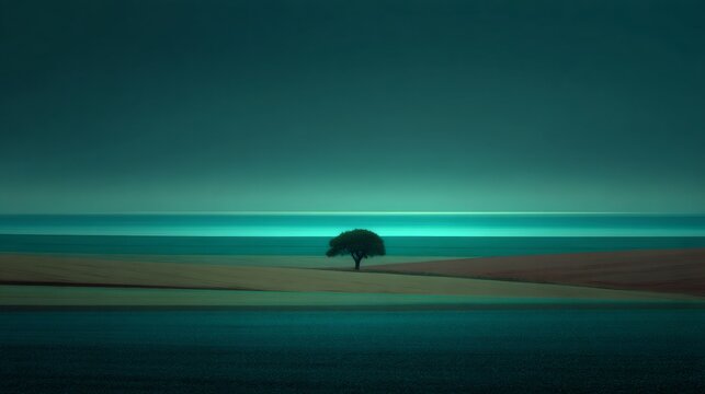 Lone tree standing in tranquil coastal landscape at sunset, green fields meeting subtle ocean horizon