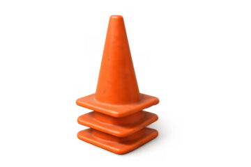 Orange plastic traffic safety cones stacked, warning sign for road construction and work zone under maintenance, transparent background