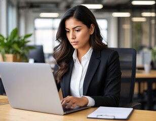 A focused businesswoman works on a laptop. A serious professional