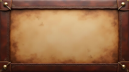 A vintage background featuring a blank, aged parchment center framed by stitched dark brown leather with brass corner rivets.