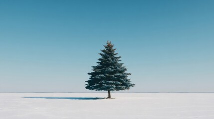 Fototapeta premium Evergreen pine tree standing alone in a vast frozen winter landscape under a clear blue sky, symbolizing solitude and resilience