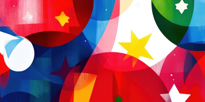 Abstract colorful geometric shapes and stars in red blue yellow green create modern vibrant background with creative art design