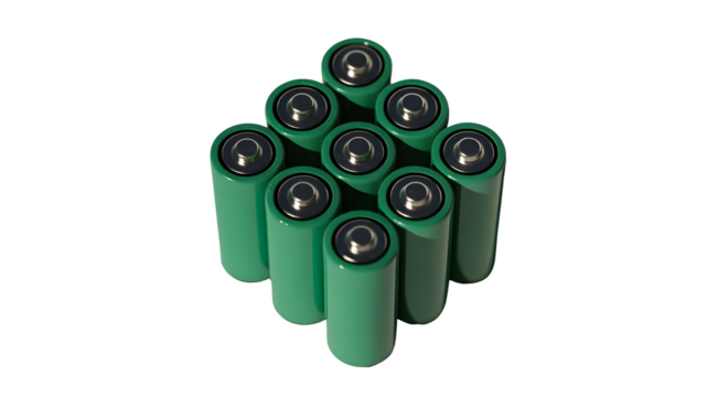 Stack of green batteries arranged in a pyramid shape isolated on transparent background
