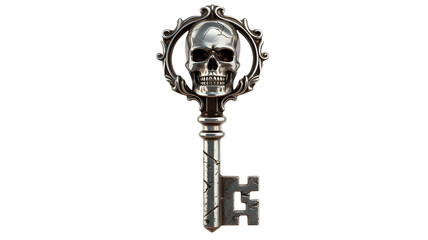Ornate antique key with skull motif isolated on transparent background