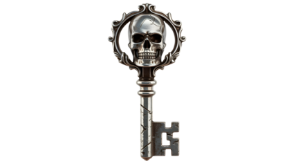 Ornate antique key with skull motif isolated on transparent background