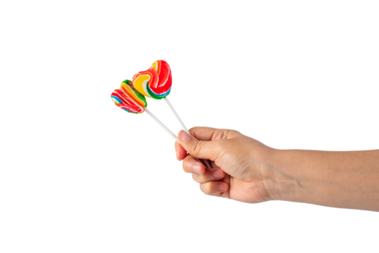 Sweets, lollipops in hand, on transparent background