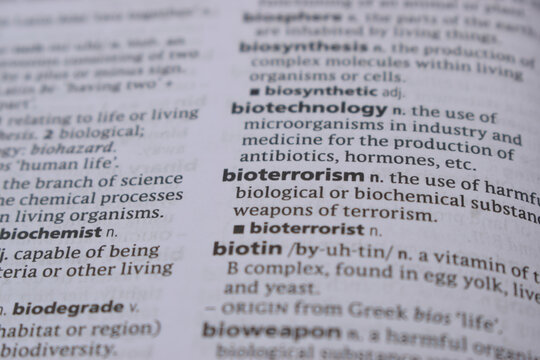 Close Up Of English Dictionary Page With Word - bioterrorism