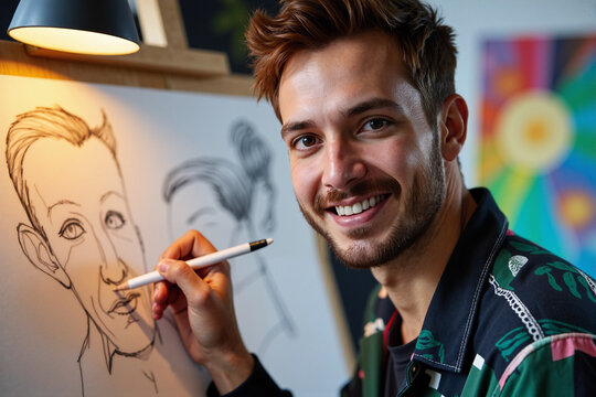 Happy and handsome male artist smiling at the camera while drawing a funny caricature sketch on an easel. This represents a creative hobby, artistic talent, and a passion for drawing